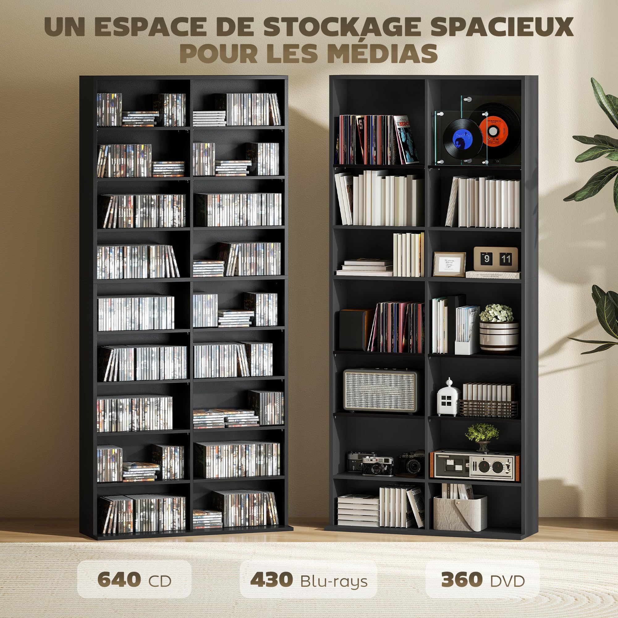 HOMCOM Rangements pour CD et DVD, meuble de rangement multimédia, capacité max. 640 CD/360 DVD et 430 Blu-ray, 18 compartiments 14 étagères réglables, pour salon, chambre, 78,5x24x175cm, noir