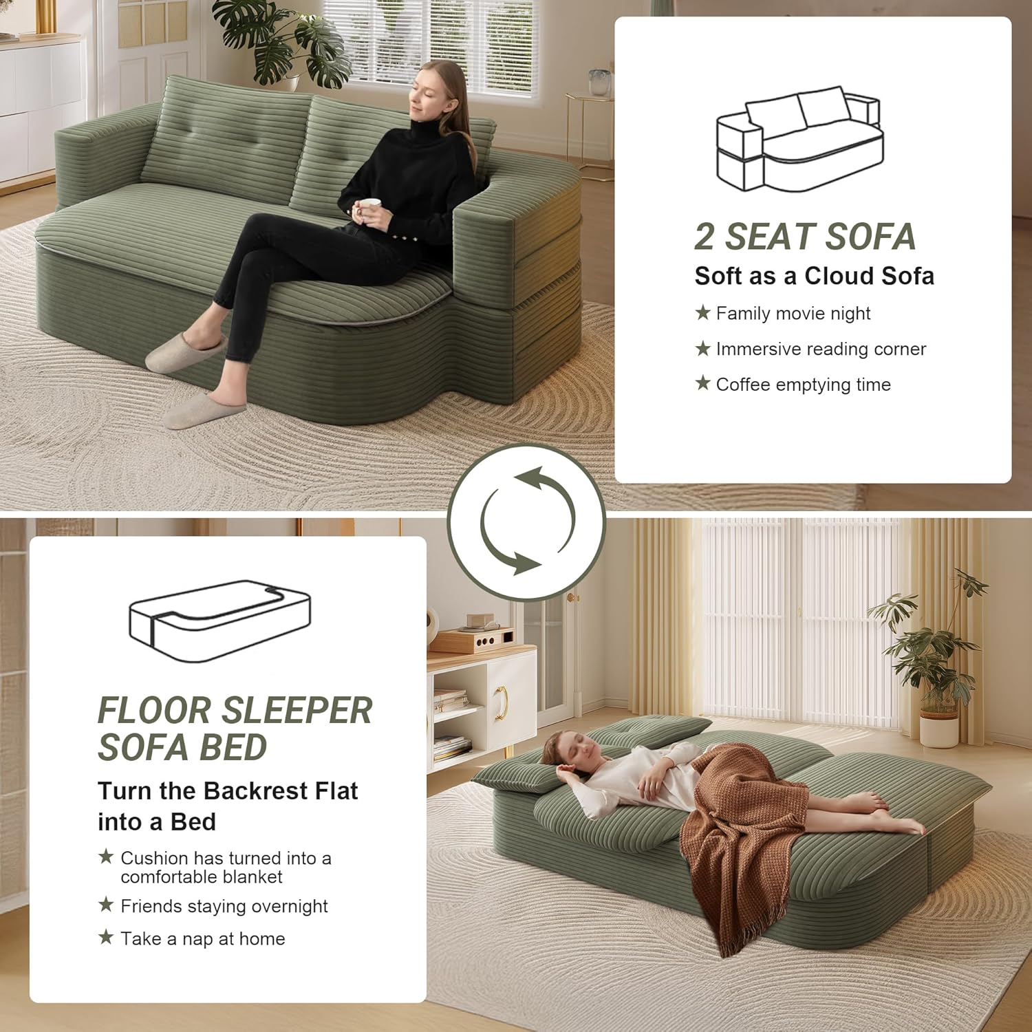 78.7'' Convertible Sleeper Sofa, Corduroy Floor Foam Compression Loveseat Sofa Bed Couch, Modern Folding Futon Couch, Foldable Full Size Guest Bed with 2 Pillows and Blanket for Living Room (Green)