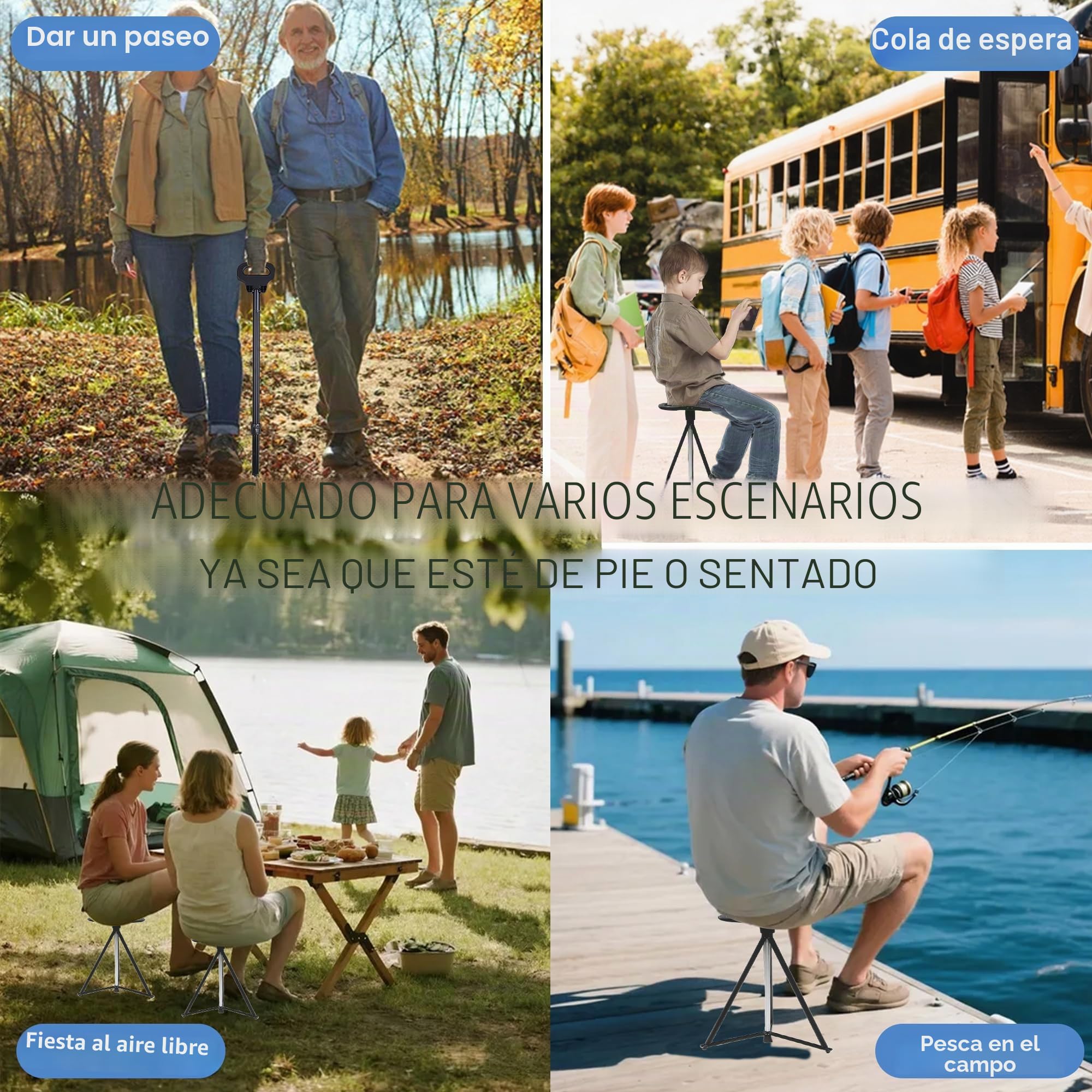 Silla de caña portátil Plegable, bastón Ligero con Asiento, bastón de Asiento trípode Resistente para Hombres y Mujeres con Bolsa de Viaje, bastón de Caminar con Asiento para Ancianos, Adultos