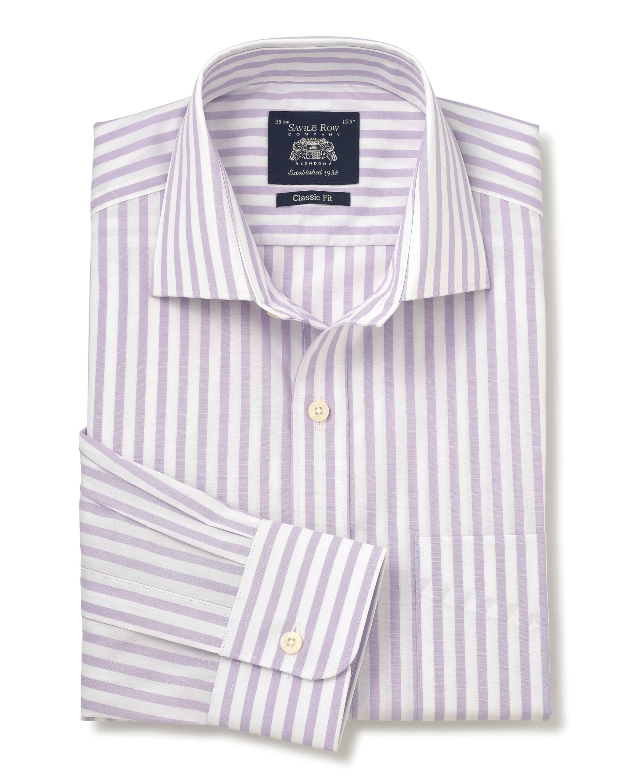 THE SAVILE ROW COMPANY LONDON Men's Classic Fit Cotton Poplin Single Cuff Formal Shirt - White Lilac Stripe - 18.5" Collar