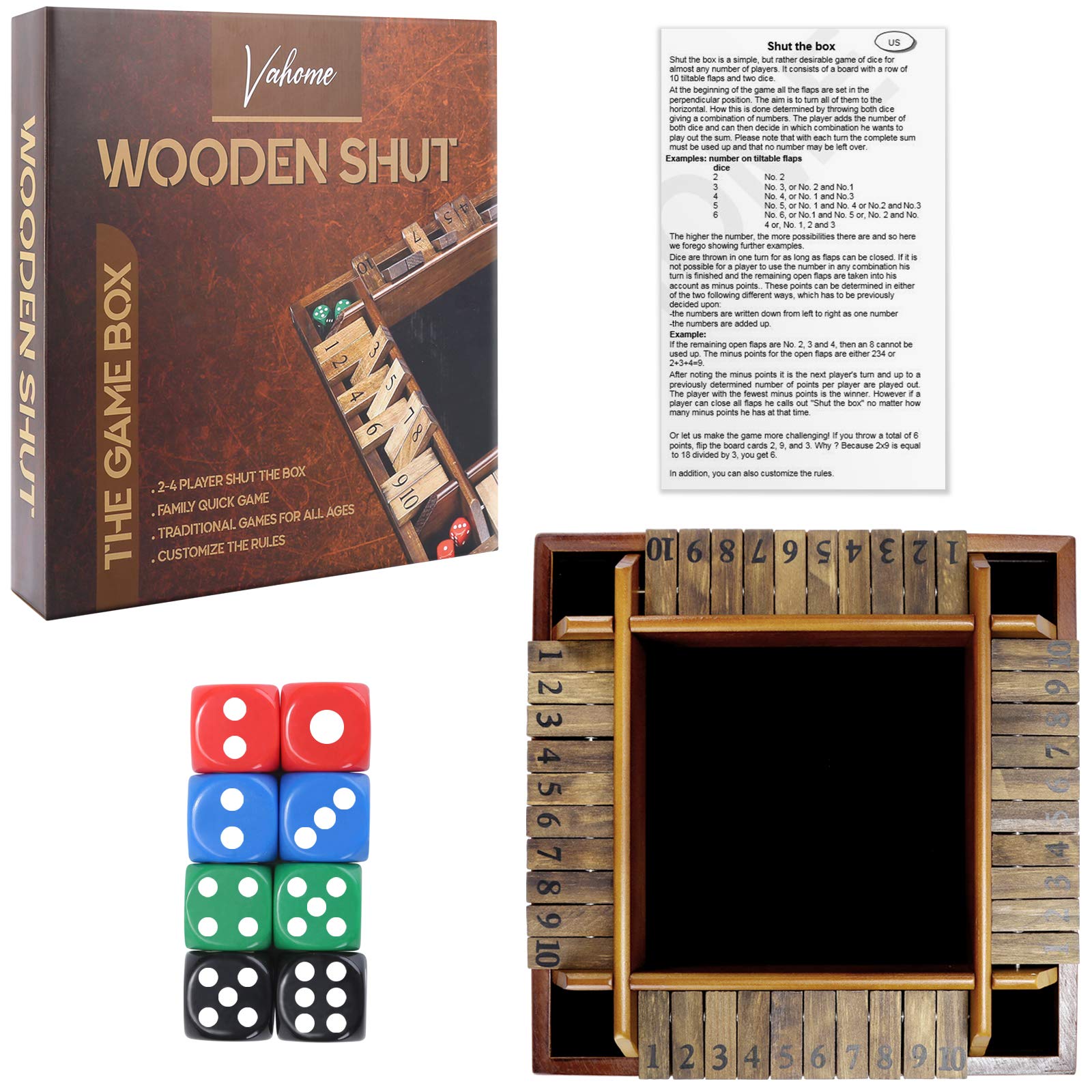 Wooden Shut The Box Game 4 Players, Classic Board Game for Kids & Adults, Educational Math Learning Toy, Table Dice Game for The Party Family or Bar, 10 Numbers, 8 Dice - 12 Inch