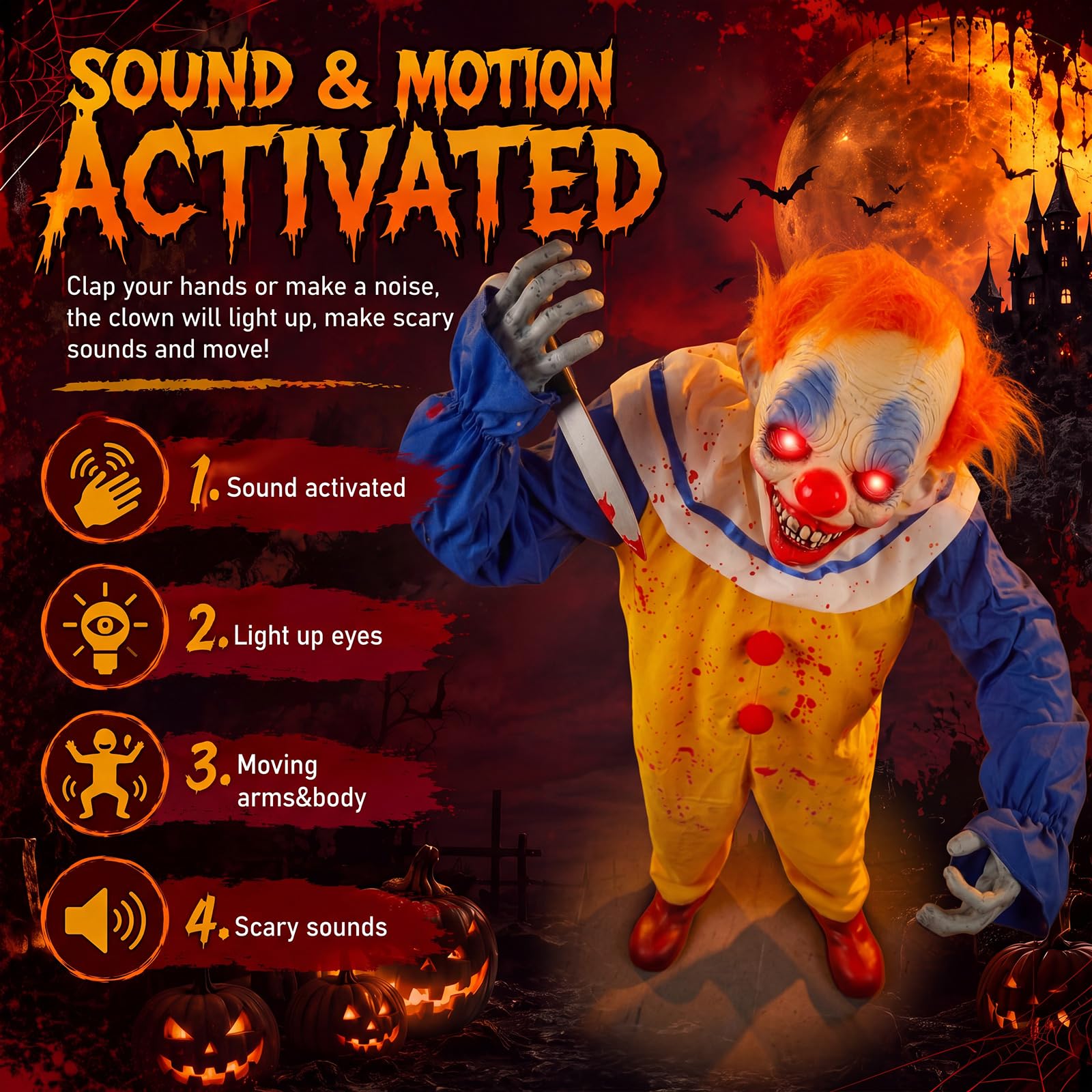 Soulchen Clown animatronique d'Halloween de 1,7 m, accessoire grandeur