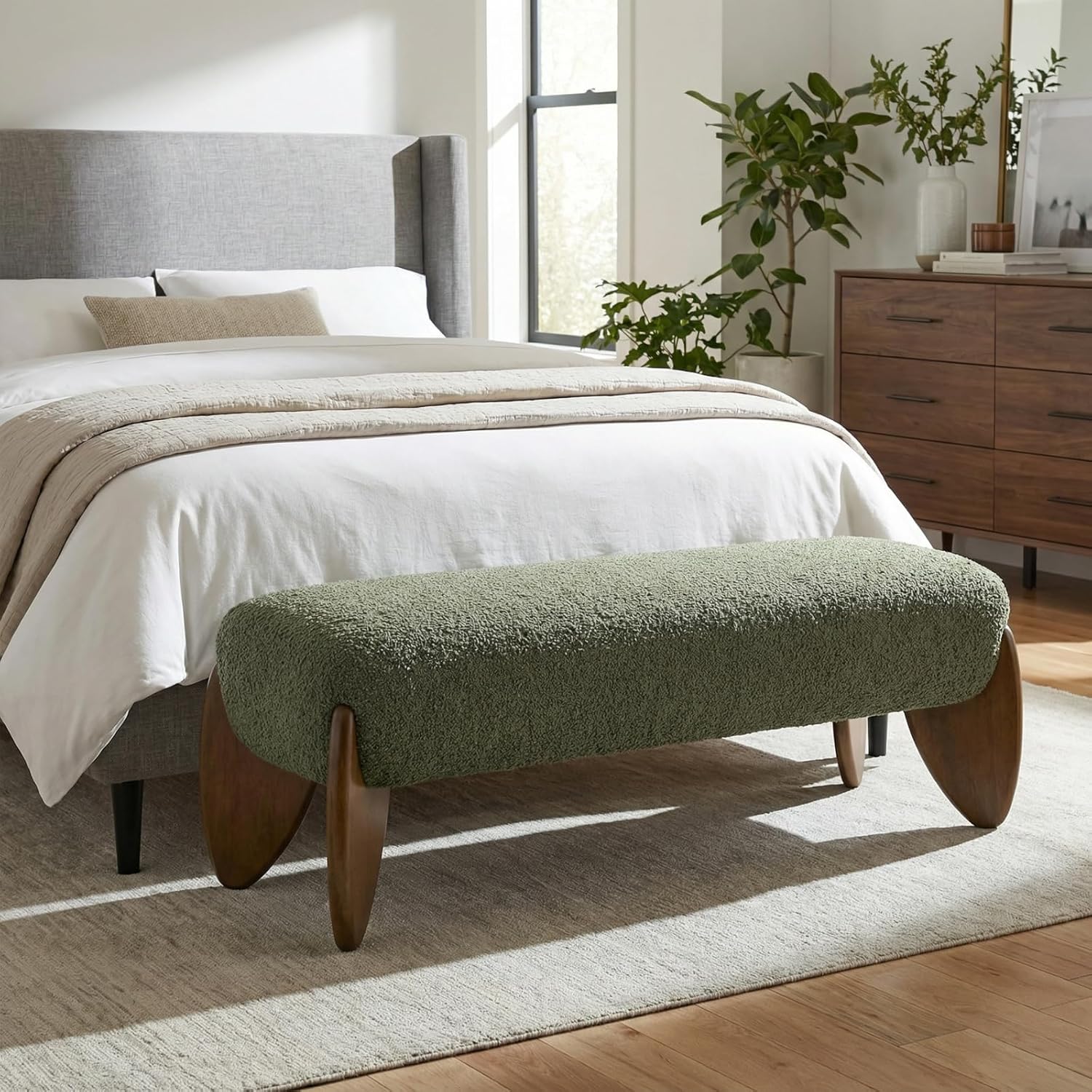Modern Chenille Bed Bench, 50” Upholstered Bedroom End of Bed Bench with Padded Seat Solid Wood Legs, Wooden Entryway Window Ottoman Bench for Living Room/Hallway, Green