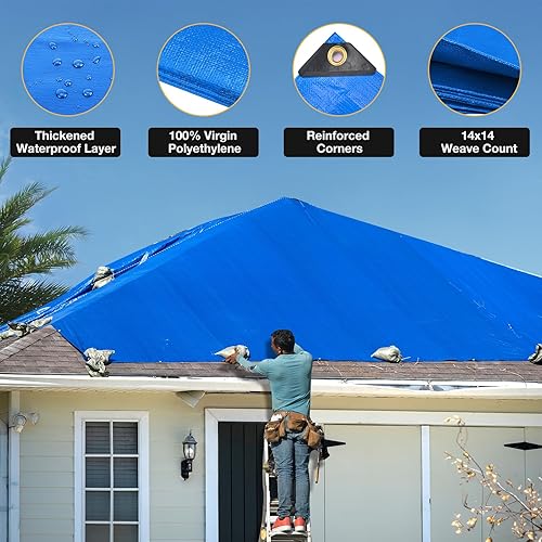 Miniatura 4 de Lona impermeable resistente de 10 x 20 pies, 14 mil, cubierta multiusos grande con ojales de latón y bordes reforzados, lonas de polietileno gruesas