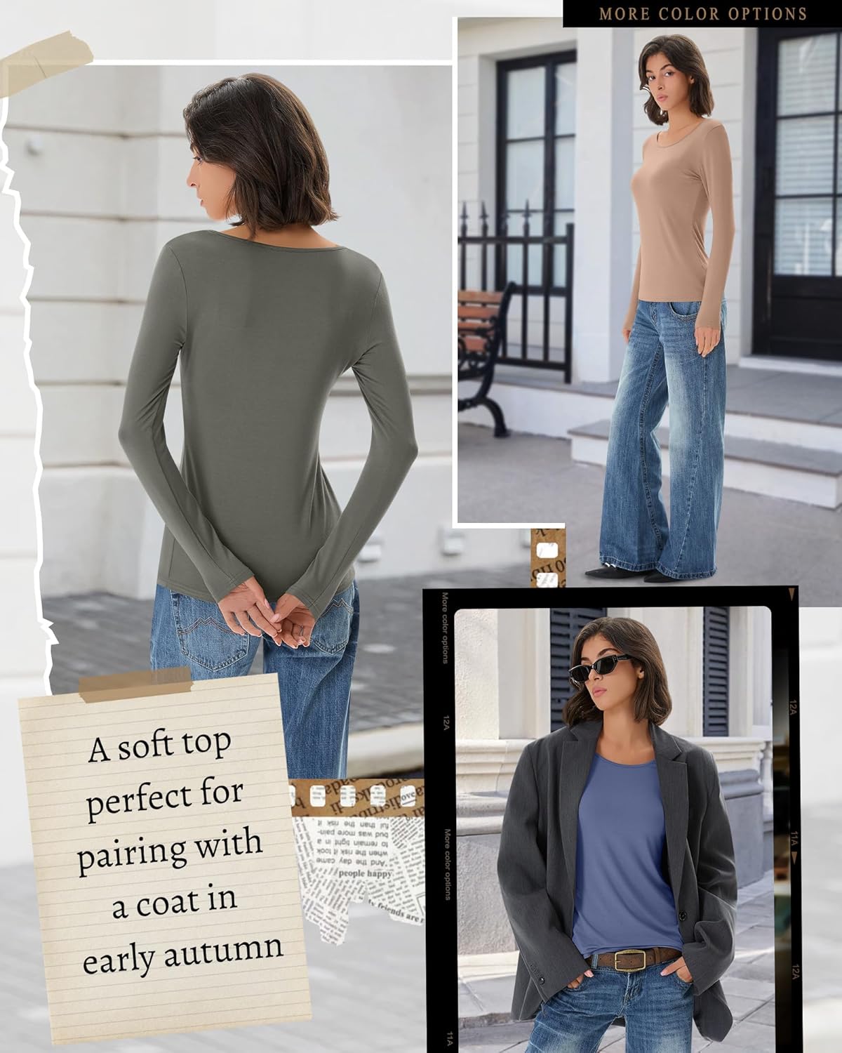 5 Pack Women's Long Sleeve Shirts Scoop Neck Tops Slim Fit Stretchy Undershirts Casual Base Layer Multipack - Image 6