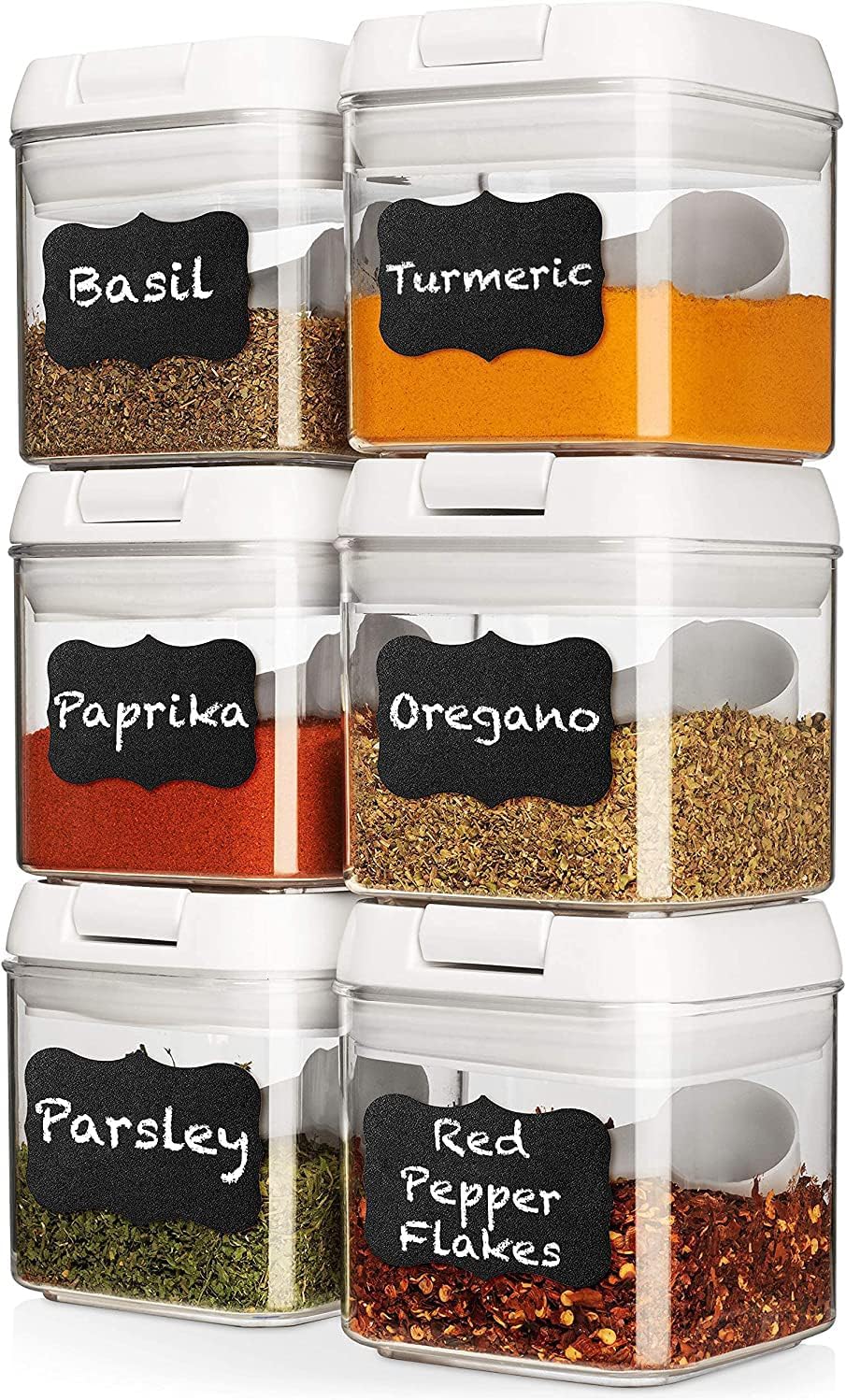 Shazo Airtight 6 Pc Mini Container Set + 6 Spoons, Labels & Marker - Durable Clear Plastic Food Storage Containers with Lids - Kitchen Cabinet Pantry Containers for Spices, Herbs, Coffee, Tea etc