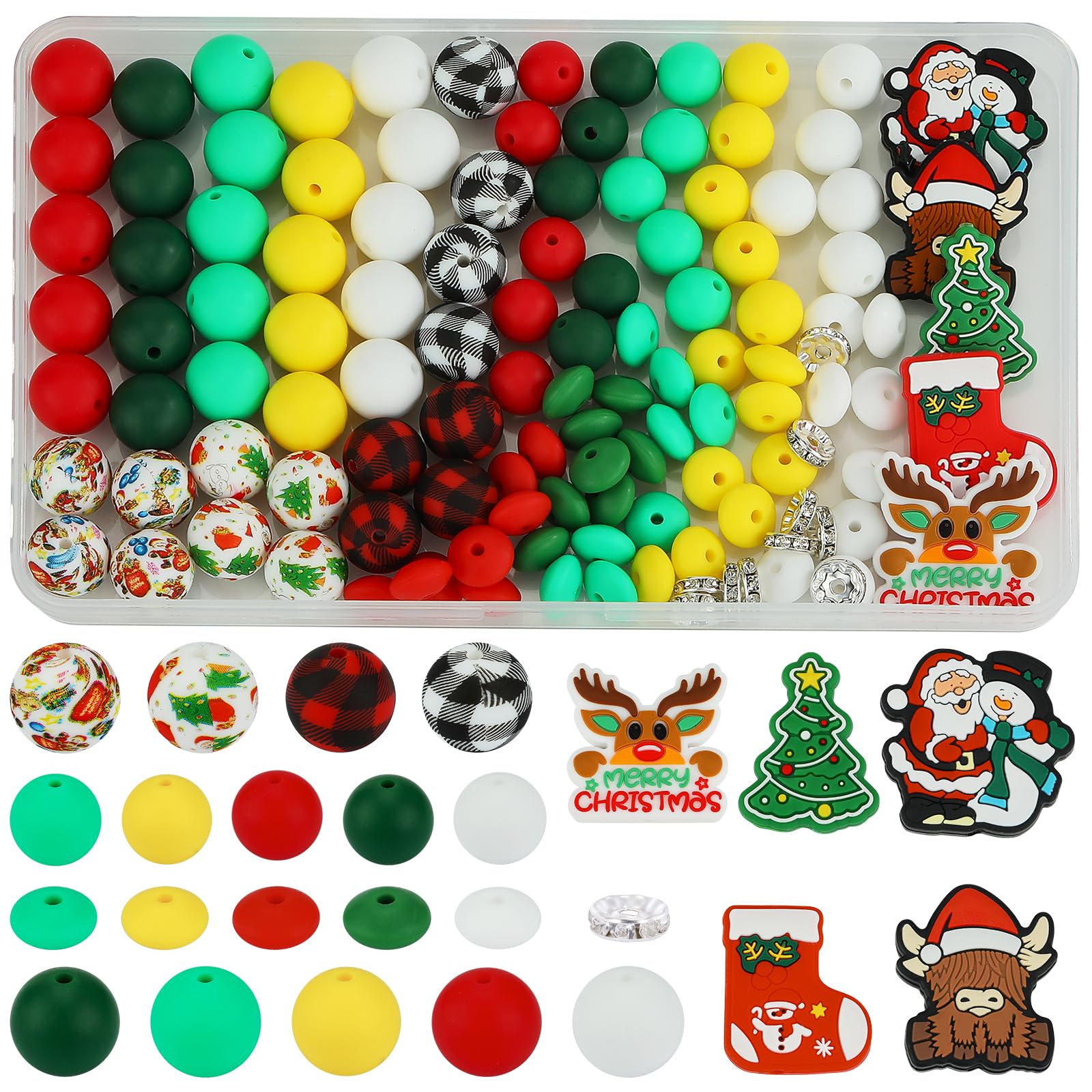HUAAPLEVLA 121 Pcs Christmas Themed 12mm 15mm Silicone Beads Kit for Keychain Making Christmas Socking Deer Beads Round Focal Beads for Pens Bracelets Necklace DIY Crafts Jewelry Making