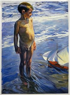 The Little Boatman - Joaquin Sorolla y Bastida hand-painted oil painting reproduction, Naked Boy Playing Toy Boat on Seashore, nude bather
