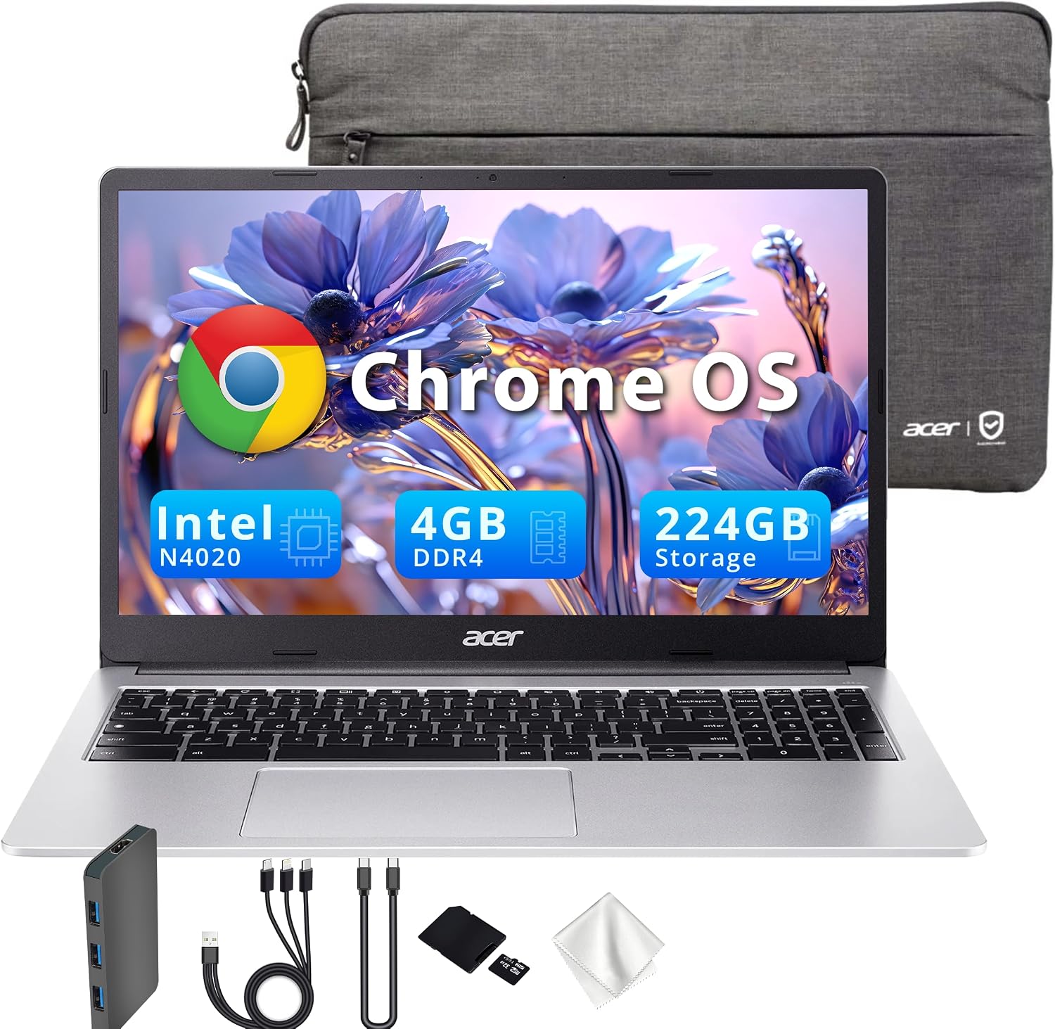 acer Chromebook 315 15.6" FHD Laptop, 4GB LPDDR4 RAM, 224GB Storage(64GB eMMC & 160GB Docking Station Set), Intel Celeron N4500, Intel UHD Graphics, Numeric Keypad, HD Webcam, Silver, Chrome OS