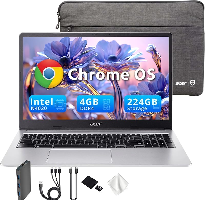 Acer Chromebook 315 15.6" FHD Laptop, 4GB LPDDR4 RAM, 224GB Storage(64GB eMMC & 160GB Docking Station Set), Intel Celeron N4500, Intel UHD Graphics, Numeric Keypad, HD Webcam, Silver, Chrome OS