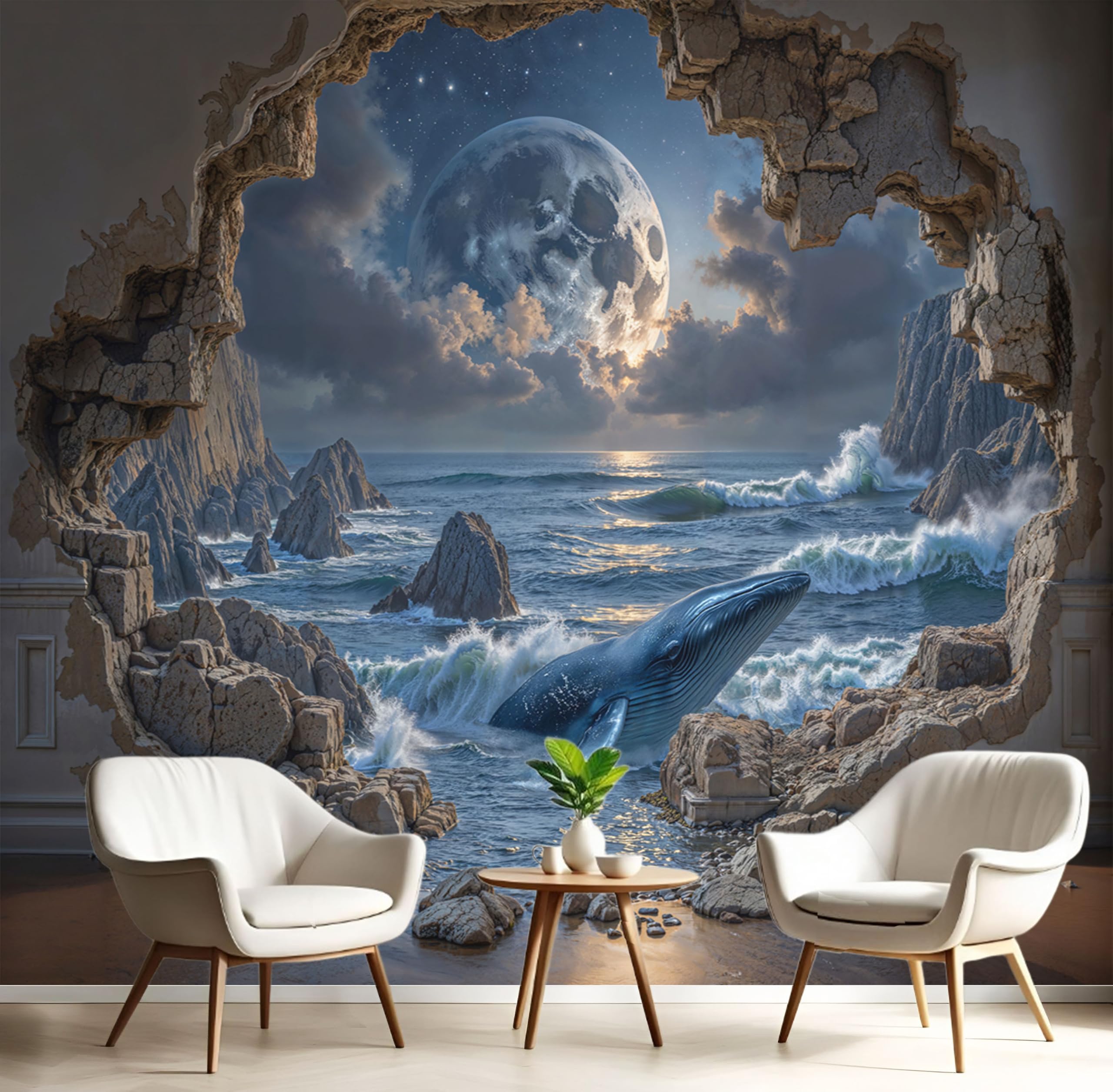 Papier peint panoramique baleine style surréaliste avec effet trou dans le mur