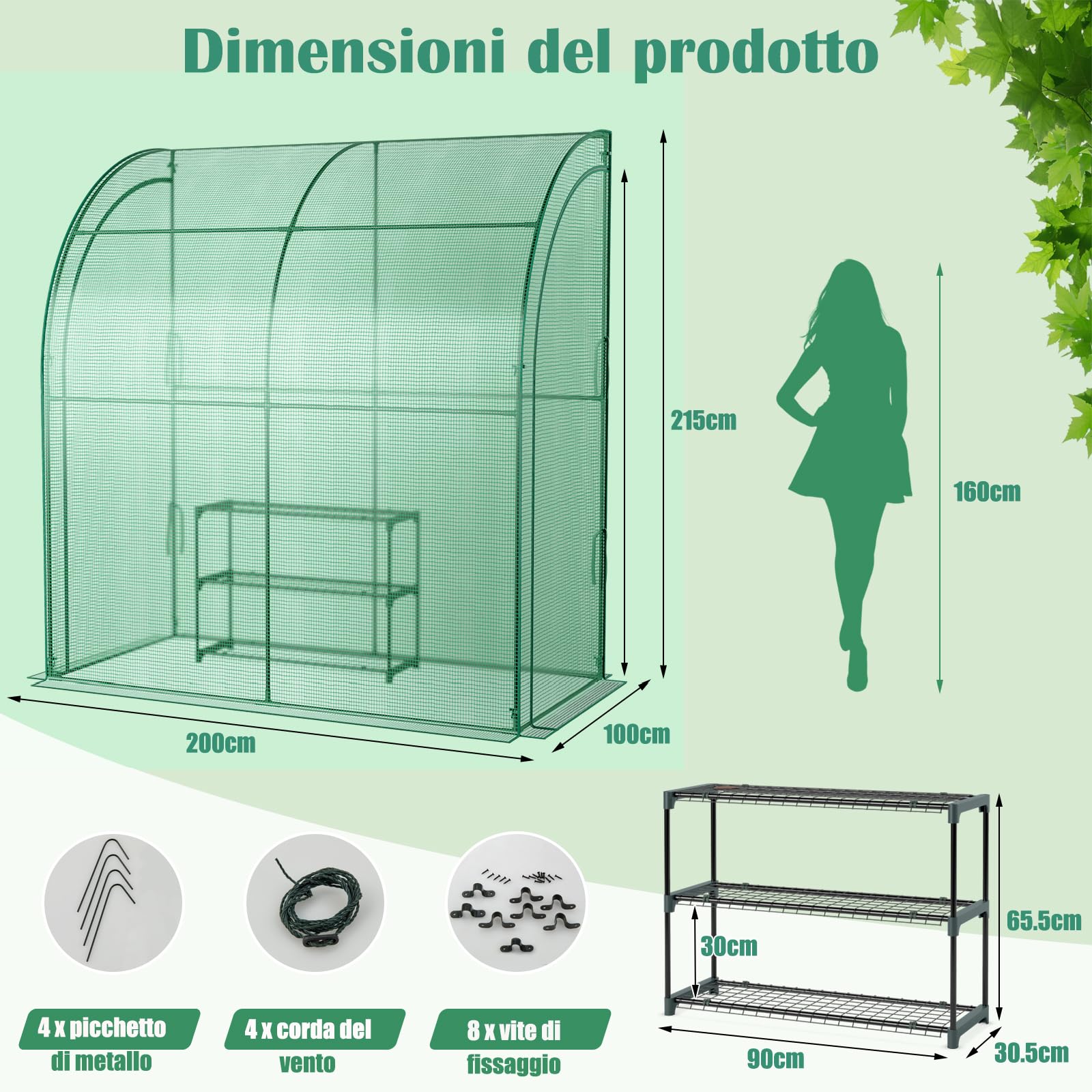 COSTWAY Serra da Giardino da Parete, Serra da Esterno Walk-in con Copertura in PE Resistente alle Intemperie, Porte a Cerniera Avvolgibili e Scaffale Porta Piante, 200 x 100 x 215 cm
