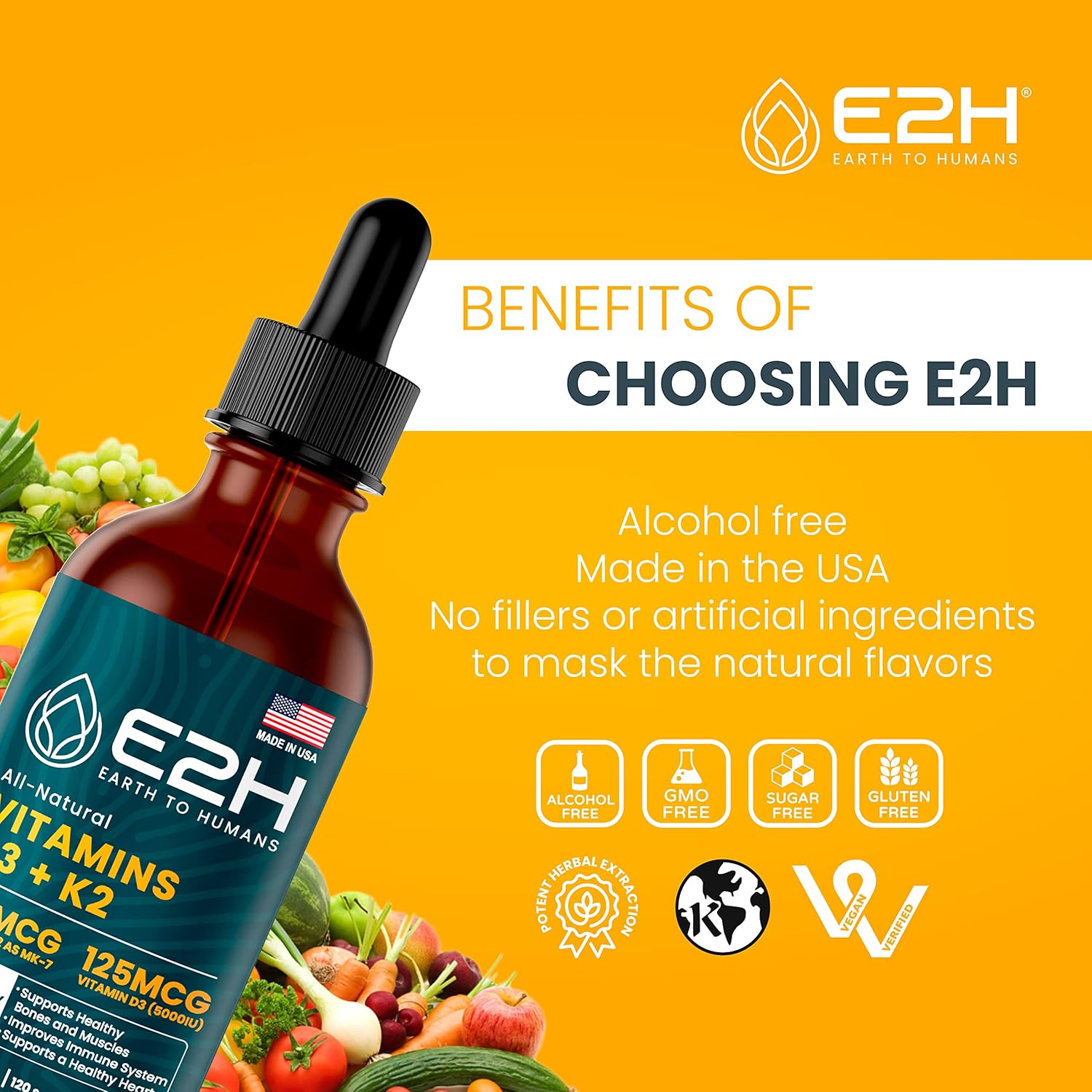 E2H EARTH TO HUMANS Vitamin D3 & K2 Supplement for Immune Support - Liquid Vitamin D3 5000 IU - Made in The USA | Non-GMO, Vegan - (3 Bottles)
