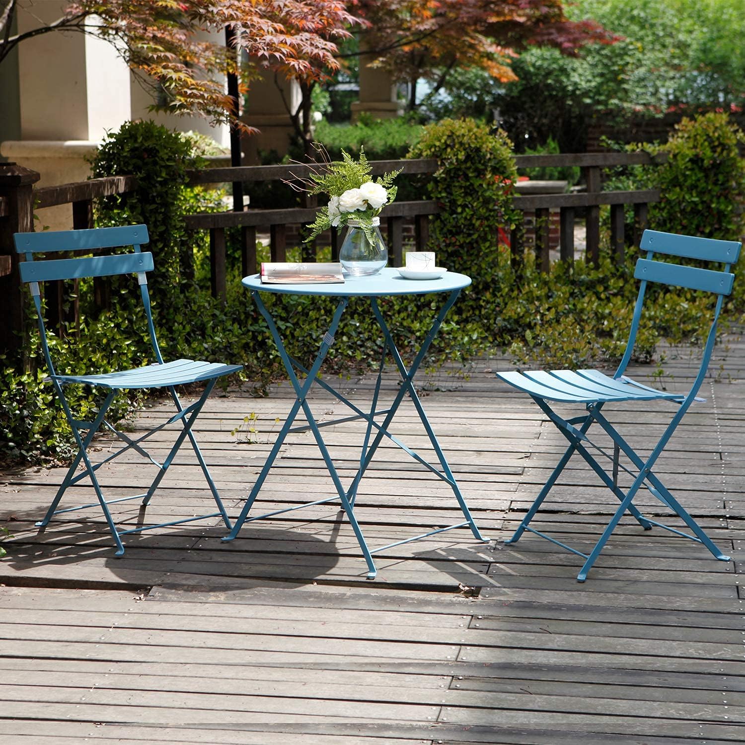 Grand patio 3 Piece Bistro Set, Weather-Resistant Folding Table and Chairs, Indoor/Outdoor Furniture Set (Blue)