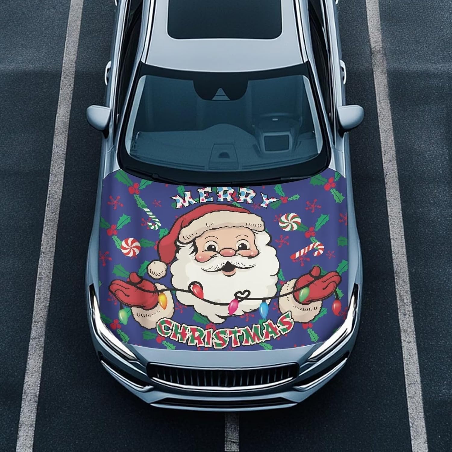 Bulopur Santa Claus Car Hood Cover Replacement Merry Christmas Car Decorations Automotive Hood Cover Protector Universal Windshield Snow Cover for Cars,Trucks,Vans