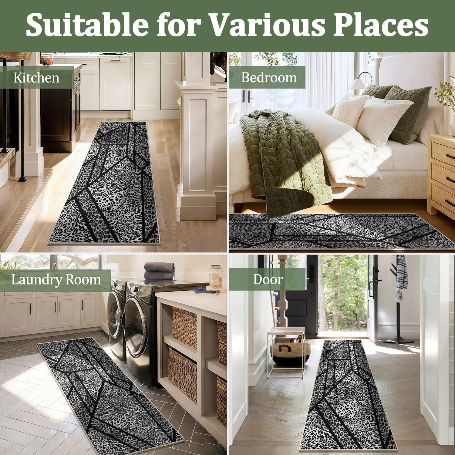 Modern Funky Leopard Rug，3x10ft,Animal Print Cheetah Print Rug,Faux Fur Black and White Fleck Cheetah Carpet，Soft Non-Slip Absorbent Washable Bedroom Rugs，for Kitchen Hallway Bathroom Entryway