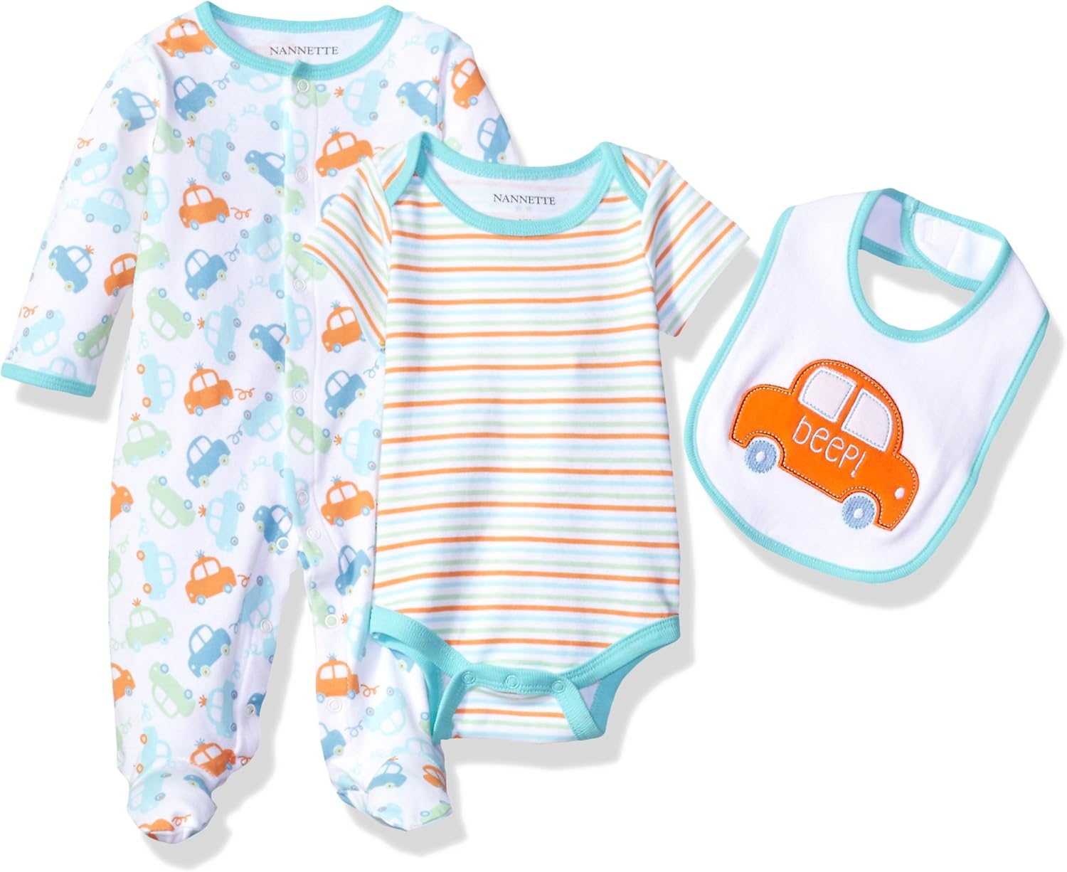 Nannette Baby Boys' 3 Piece Sleeper Creeper and Bib Set
