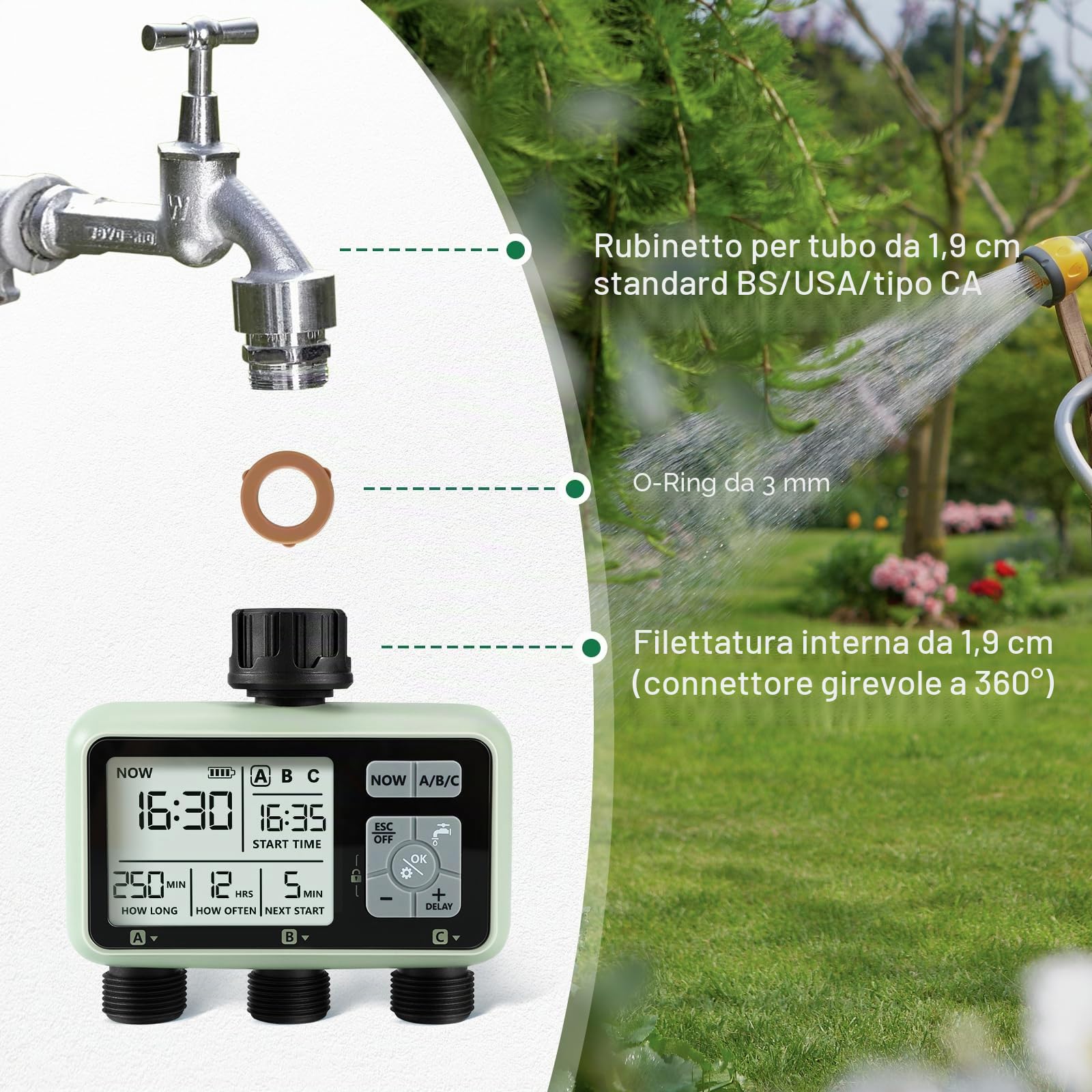 CROSOFMI 3 Vie Timer Irrigazione Automatica Digitale Centralina Irrigazione Temporizzatore Programmatore Irrigazione Giardino /IPX5 Impermeabile/Ritardo Pioggia/Modalità di Irrigazione Manuale