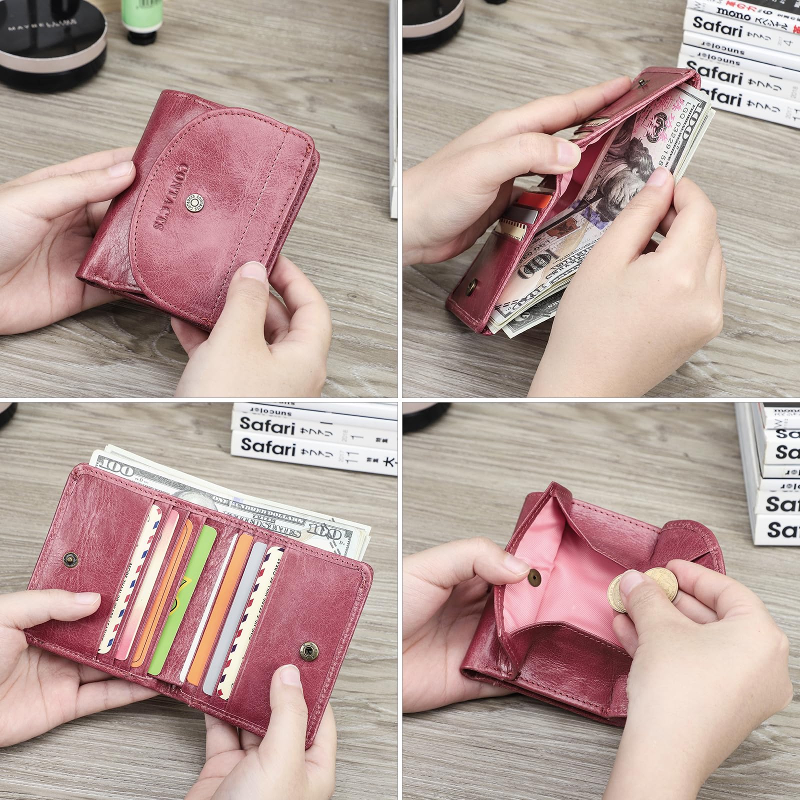 Portefeuille décontracté pour femme 100 % cuir véritable avec poche pour pièces de monnaie pour femme, Beige rose., S, Pochette à monnaie
