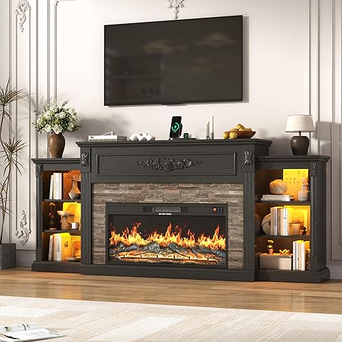 85" Electric Fireplace with Mantel, Farmhouse TV Stand with 36" Fireplace for TVs Up to 95 Inch, 37.6" Tall Entertainment Center with Charging Station & LED Lights, Carved Decoration, Wood Grain Black
