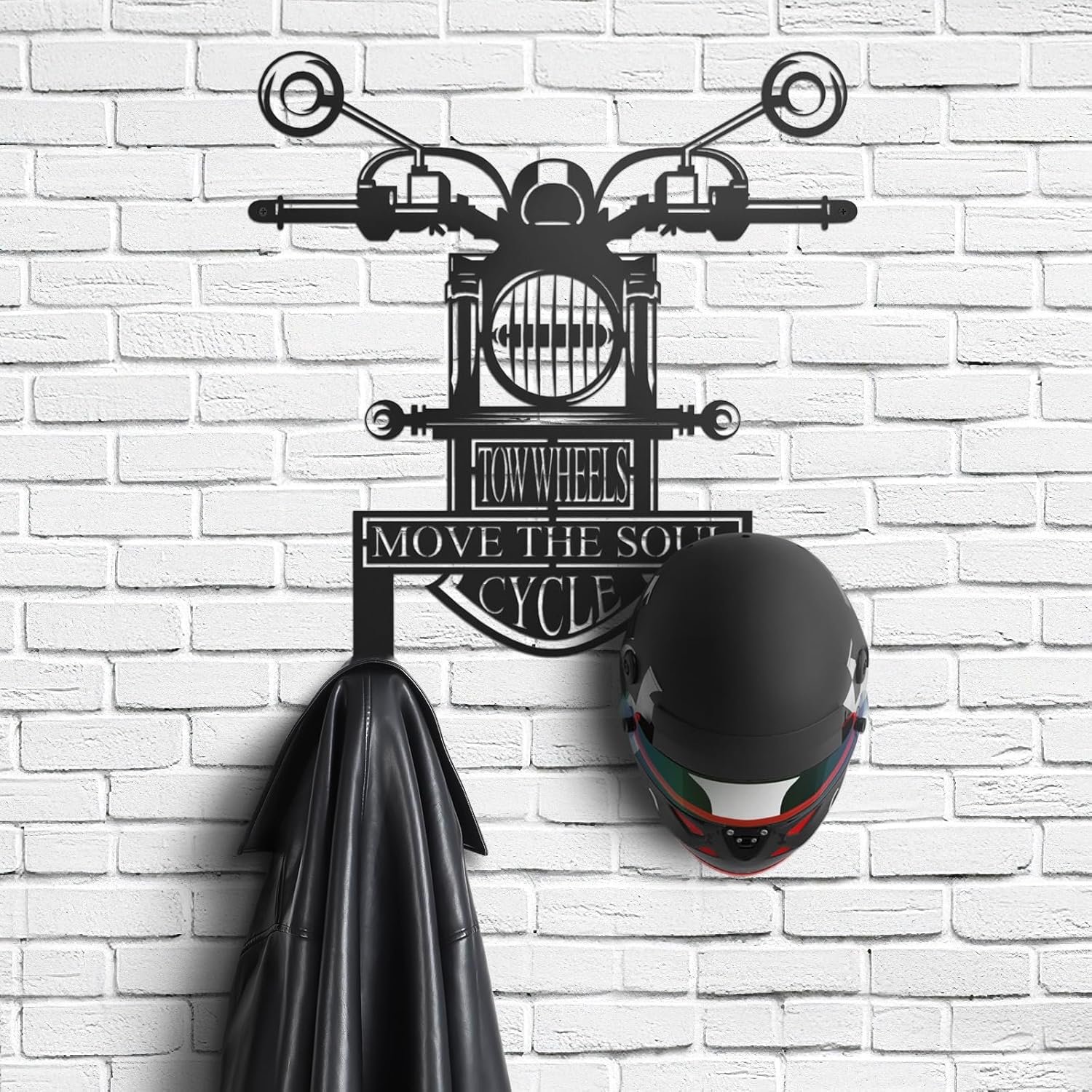 Qmetalart Fathers Gifts Metal Wall Decoration Home Decor Motorcycle Shape Black Wall Art Helmet Jacket Hook Gifts or Motorcycle Enthusiasts Garage Decorations for Fathers Gifts for Fathers