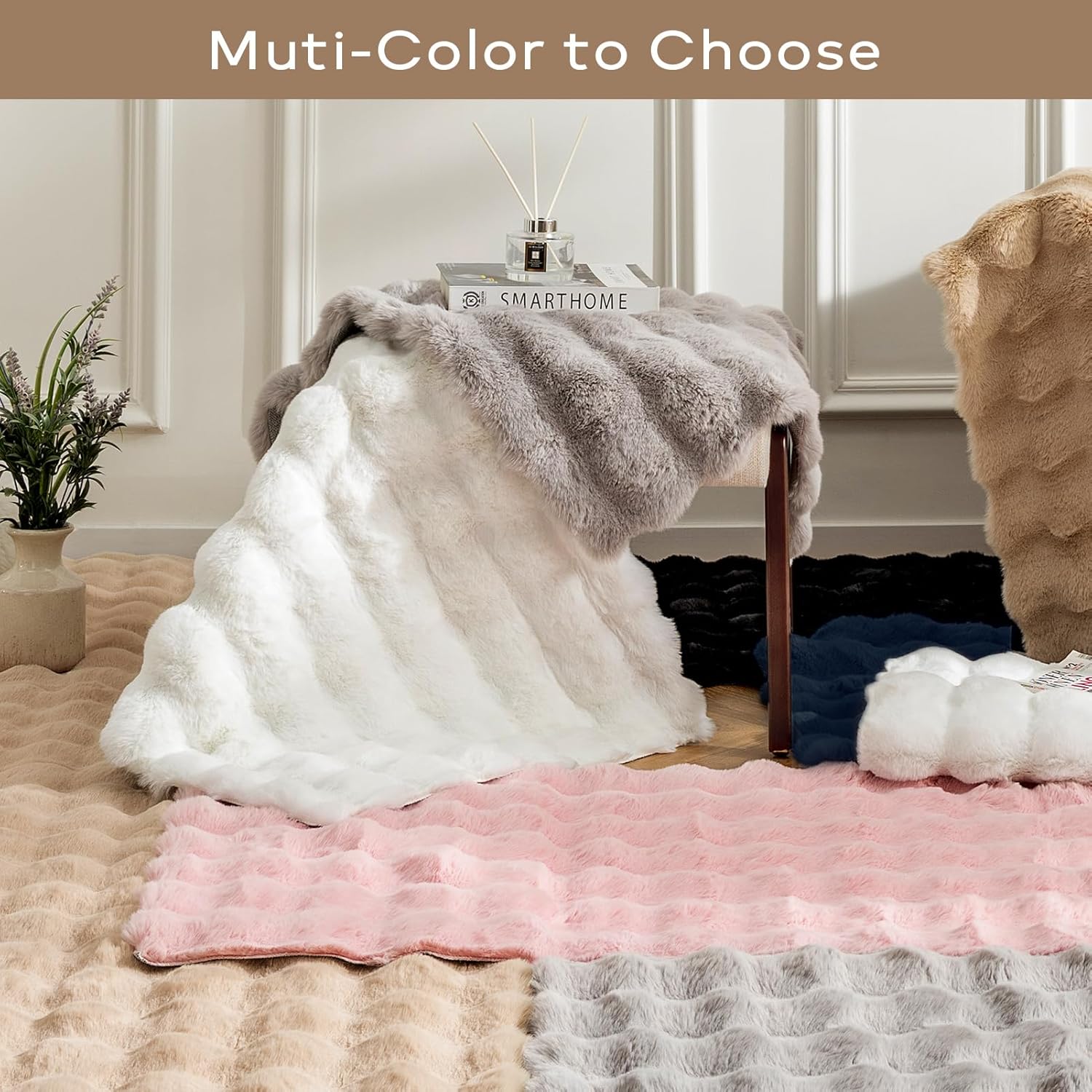 Ashler Faux Rabbit Fur Rug - Light Grey 6 FT Fluffy Soft Runner, Rectangle Fuzzy Carpet for Living Room, Bedroom, Machine Washable Shaggy Nursery Rug - 3D Bubble