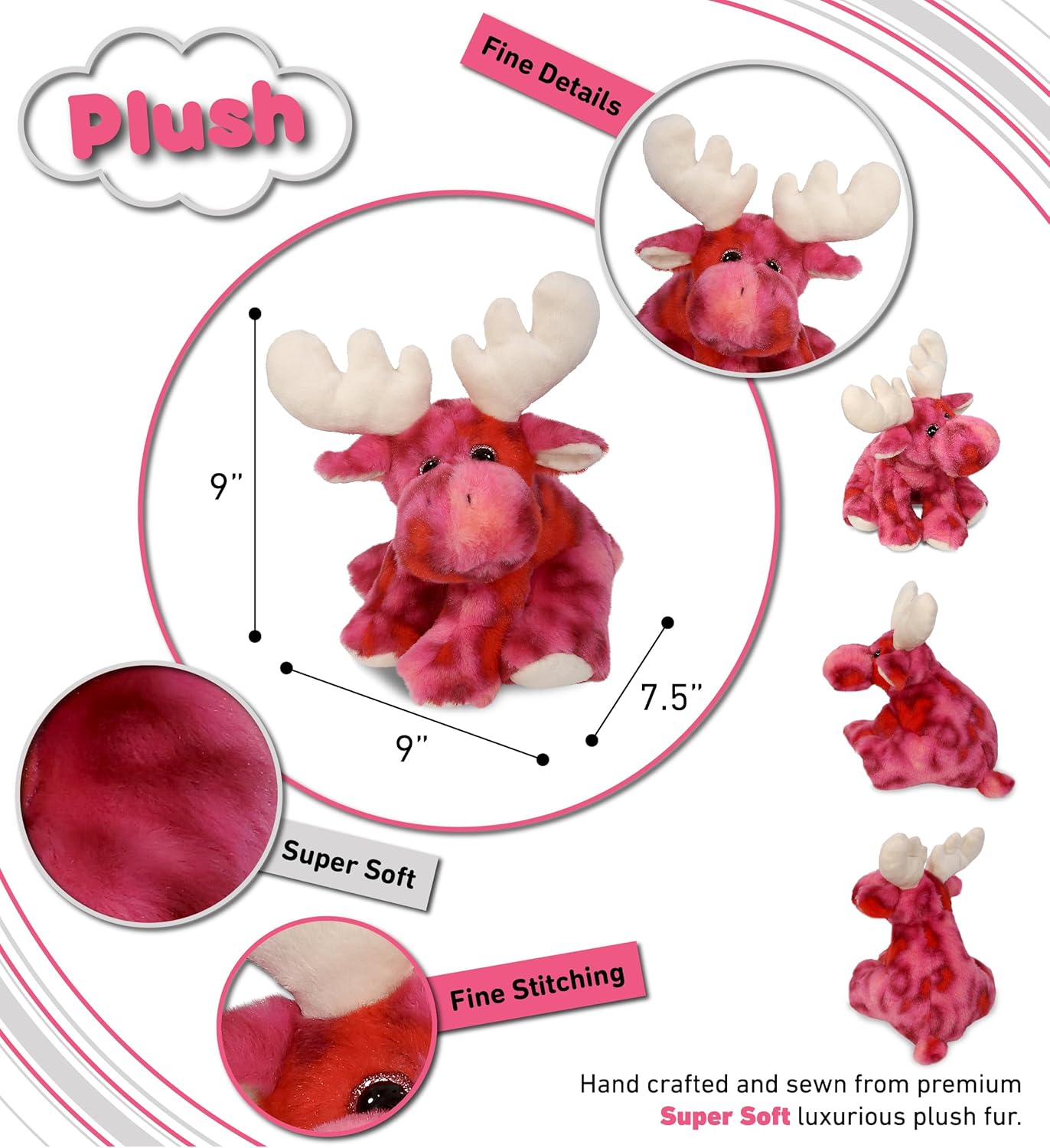 DolliBu Pink Tie-Dye Floppy Moose Super Soft Stuffed Animal, Cute Realistic Stuffed Animals for Girls, Boys, Adults Animal Gifts, Kids Nursery Decor for Newborn, Cuddly Soft Baby Plush Toys - 9 Inches