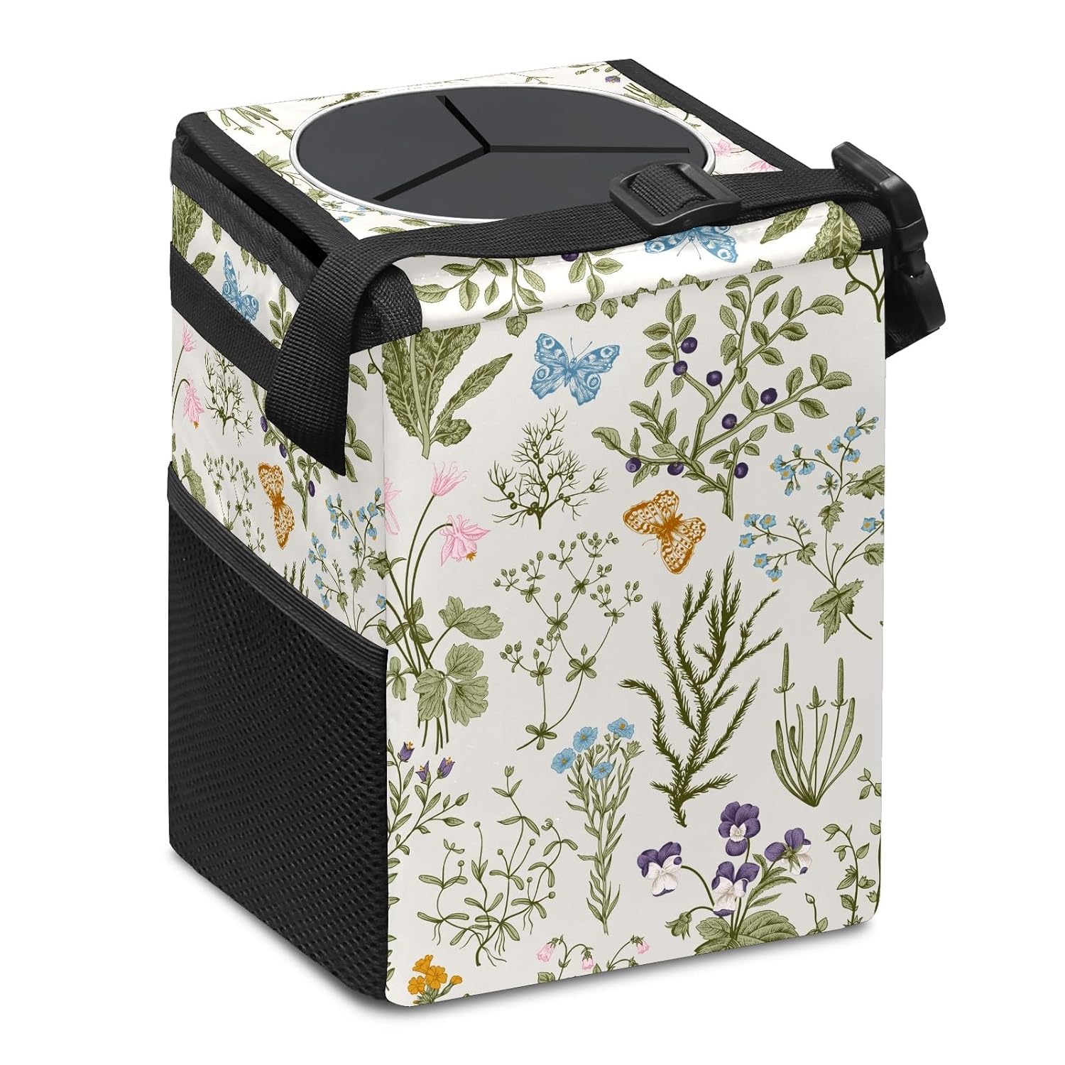 Car Trash Can with Lid Vintage Botanical Wildflowers Collapsible Reusable Leak-Proof Auto Garage Bag,Hanging Vehicle Car Accessories Interior Car Organizer