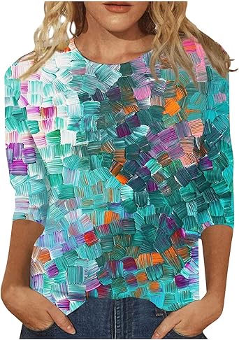 HTHLVMD Womens 3/4 Length Sleeve Tops 2025 Fall Fashion Floral Print Crewneck Causal Trendy Tunic Tops for Women
