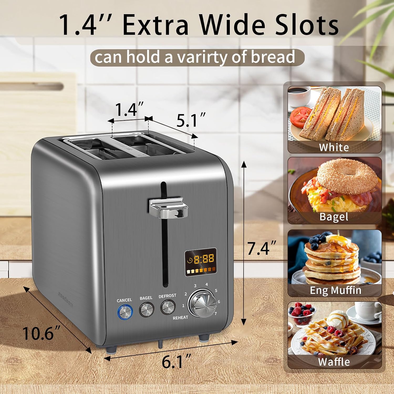 SEEDEEM 2 Slice Toaster With Color LCD Display - Stainless Steel, 7 Bread Shade Settings, 1.4'' Wide Slots, Bagel/Defrost/Reheat Functions, Removable Crumb Tray, 900W, Mint, view 10