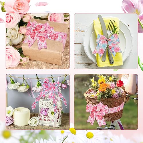 Miniatura 7 de 5 rollos de cinta floral para primavera y verano con borde con alambre, 2.5 pulgadas, flores rosas, cinta para manualidades para envolver regalos,