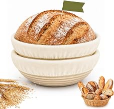 2 Pack Banneton Bread Proofing Basket, 23CM Round Sourdough Bread Basket with Linen, Rattan breads Making Accessories for Sourdough Baking Supplies, Non-Stick for Professional and Home Bakers (Round)