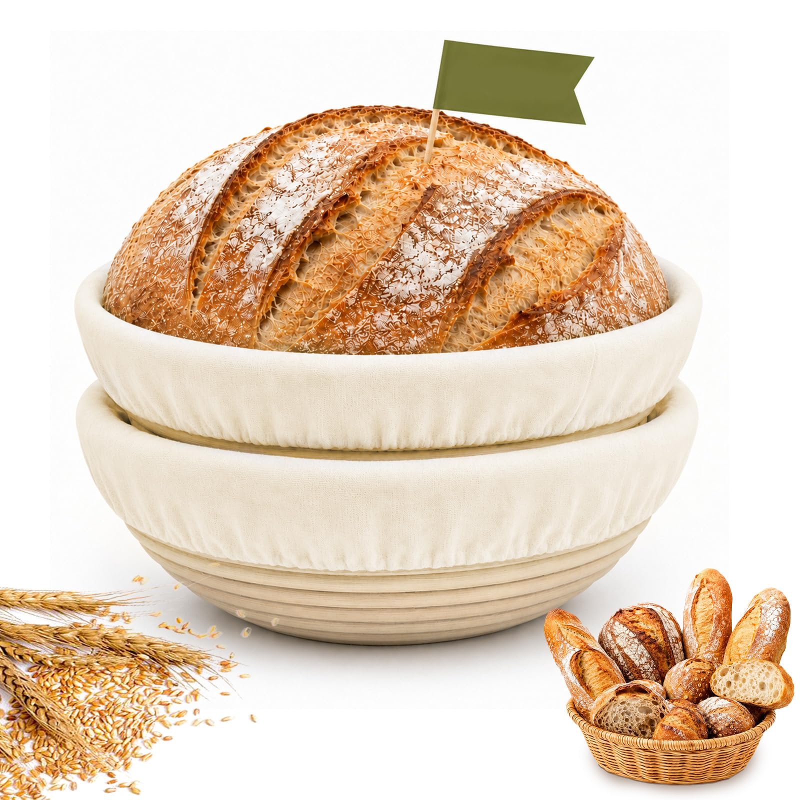 2 Pack Banneton Bread Proofing Basket, 23CM Round Sourdough Bread Basket with Linen, Rattan breads Making Accessories for Sourdough Baking Supplies, Non-Stick for Professional and Home Bakers (Round)