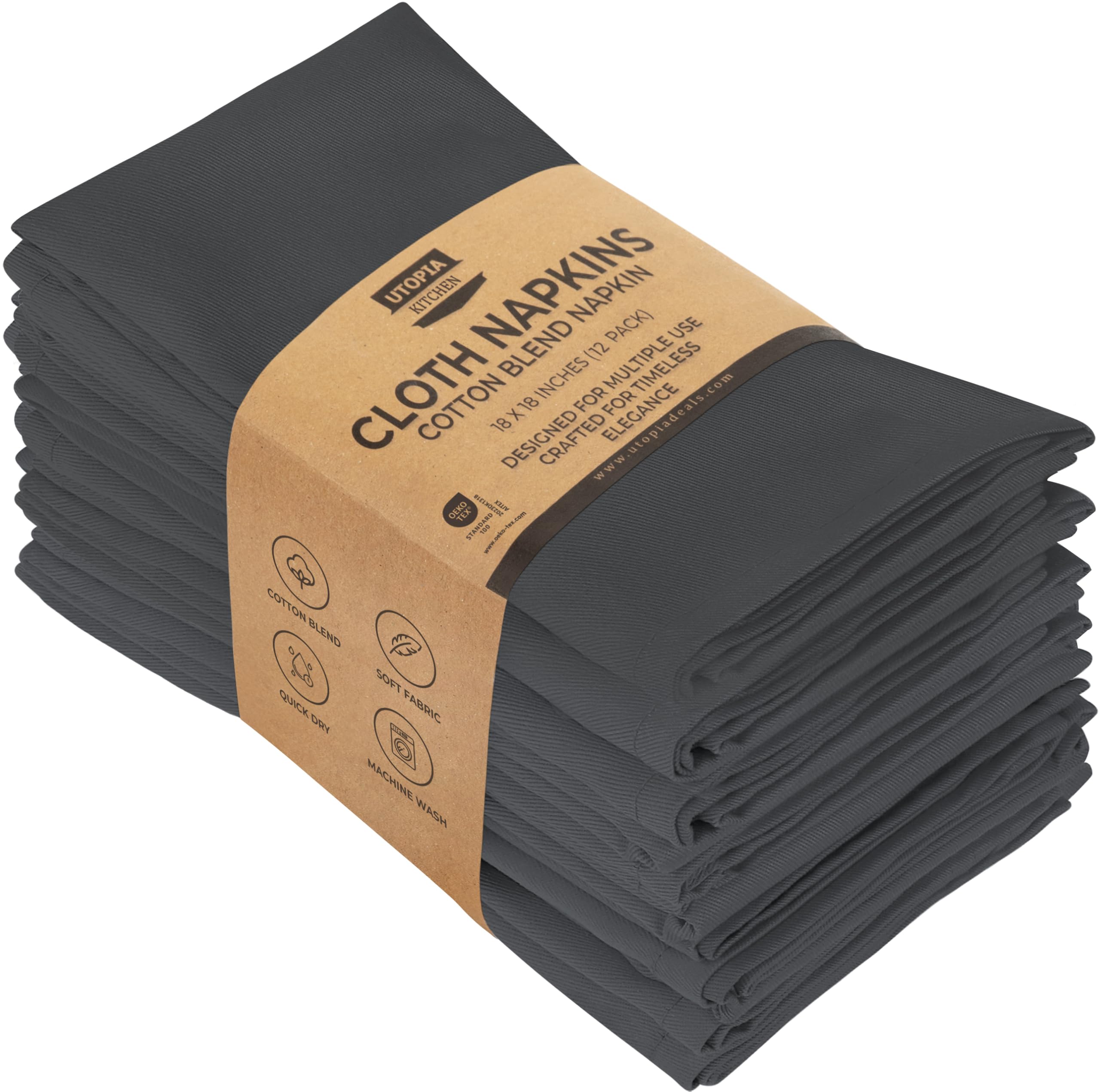 Utopia Kitchen Cloth Napkins [12 Pack] Cotton Blend Washable and Reusable Table Dinner Napkins for Hotel, Lunch, Restaurant, Weddings, Event and Parties (46 x 46 cm, Charcoal)