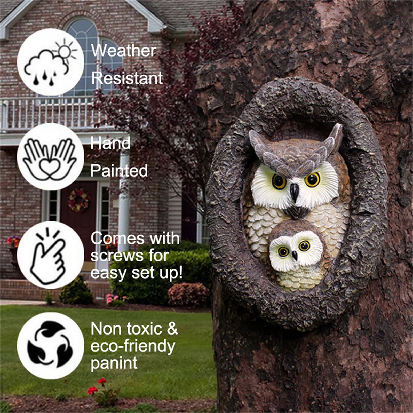 Statue da giardino a forma di gufo, decorazione per esterni, gufo finto mamma e bambino esca per spaventare gli uccelli, decorazione per il viso dell'albero in resina, scultura da giardino