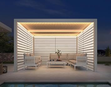 PURPLE LEAF LED Louvered Pergola 12 x 12 with Pull-Down Screen All Aluminum Patio White Pergola Independently Adjustable Rainproof Louvered Roof for Outdoor Deck Garden, 3 Sides