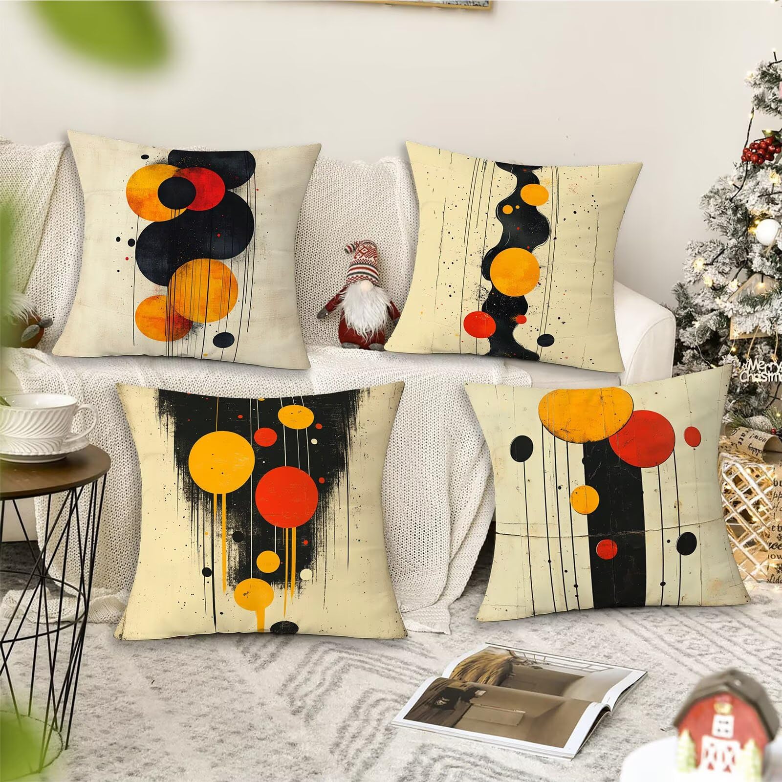 E-6827 abstrakcyjne poszewki na poduszki, zestaw 4 sztuk, 60 x 60 cm, artystyczne, dekoracyjne, z zamkiem błyskawicznym, miękkie kwadratowe poszewki na poduszki, na sofę, kanapę, do dekoracji salonu