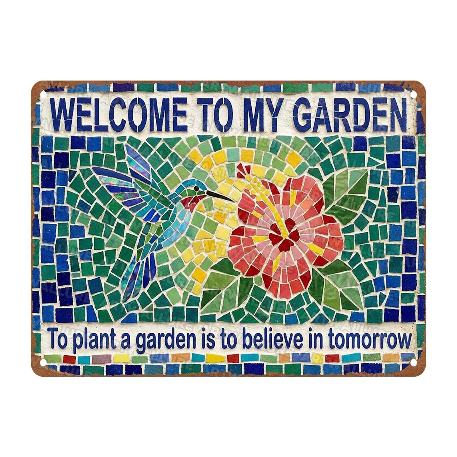 Hummingbird Garden Welcome Sign Colorful Hibiscus Metal Tin Tropical Floral Wall Art To Plant a Garden is to Believe in Tomorrow Poster for Outdoor Living Area Terrace 12x16Inch