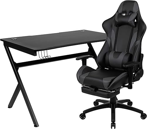 Miniatura 345 de Flash Furniture Juego de escritorio para juegos negro y silla de carreras blanco/negro con soporte para tazas, gancho para auriculares y soporte