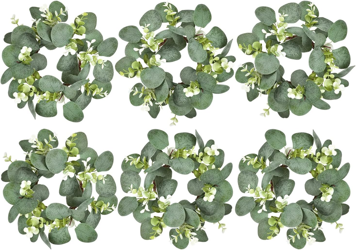 LSKYTOP 6Pcs Eucalyptus Wreath Faux Kitchen Cabinet Wreaths Artificial Greenery Wreath Farmhouse Wreath for Door Wall Window Decor, 9Inch/PC