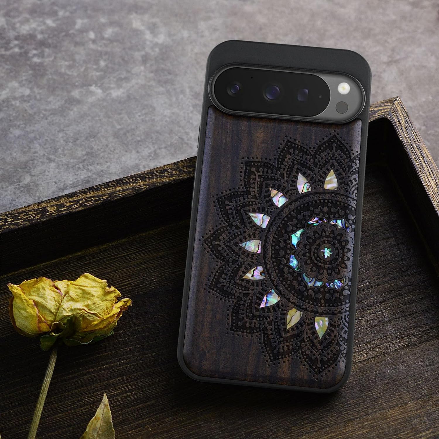 Carveit Magnetic Wooden Case for Pixel 9 Pro / 9 Pro Case, Wood Artisan Engraved & Handmade Shell Inlaid, Compatible with MagSafe Wireless Chargers, Mandala Art - Blackwood