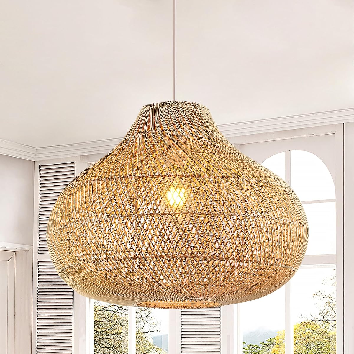 Karjearl Large Rattan Pendant Light, 19.7 Rattan Boho Wicker Chandelier