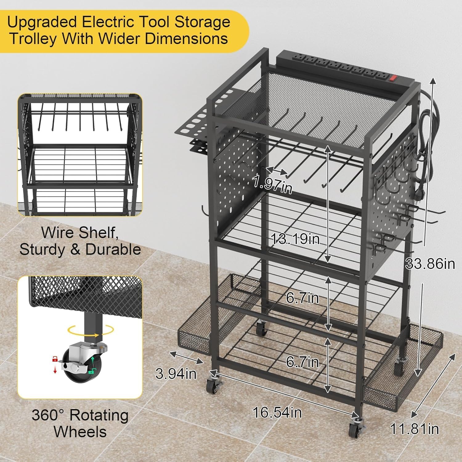 Power Tool Organizer Cart with Charging Station, Heavy Duty Garage Tool Organizer Rolling Tool Battery Storage with 8-Outlet Power Strip, a 4.9-FT Cord,4 Wheels, 2 Hanging Baskets,Hooks .Black image 3