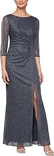 Womens Long Length Ruched Waist Formal Evening Dress with Beaded Illusion Sleeves (Petite and Regular Sizes)