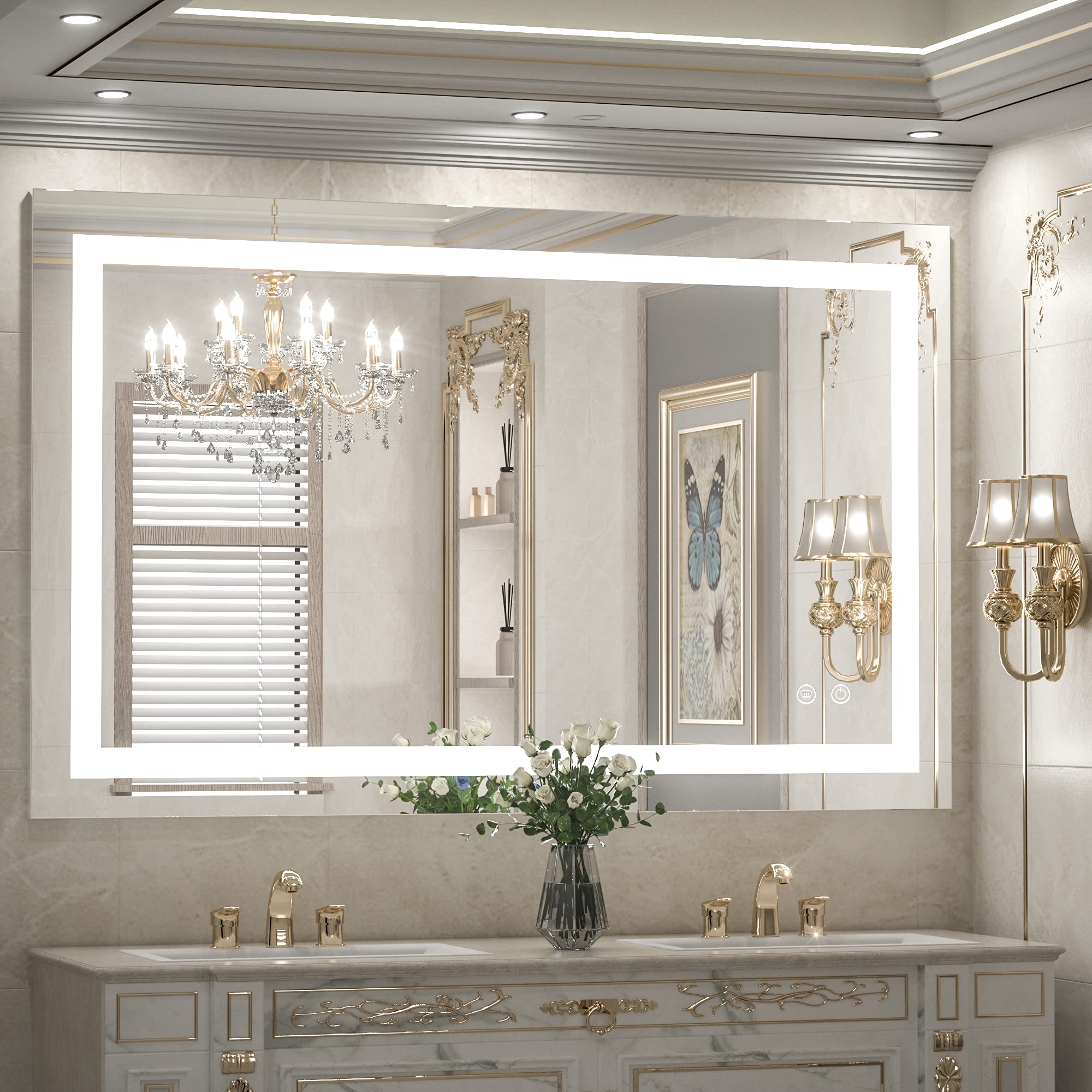 Yamazakura Large LED Bathroom Mirror 72x40 With Backlit And Front Lighted, Framed Dimmable Illuminated Mirror For