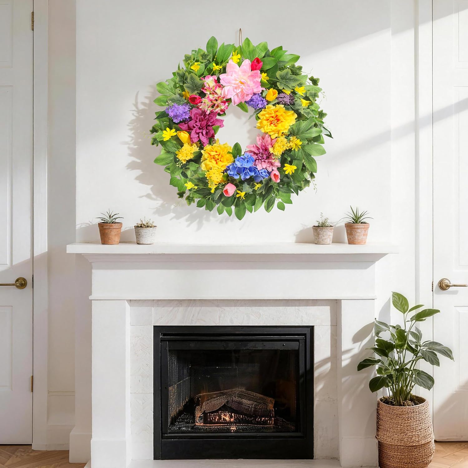 Spring Wreaths for Front Door, 24 Inch Greenery Front Door Wreath with Peonies Dahlias Hydrangeas, Artificial Home Decorations for Indoor Outdoor Window Wall,Outside Floral Wreath Decor for Home Porch