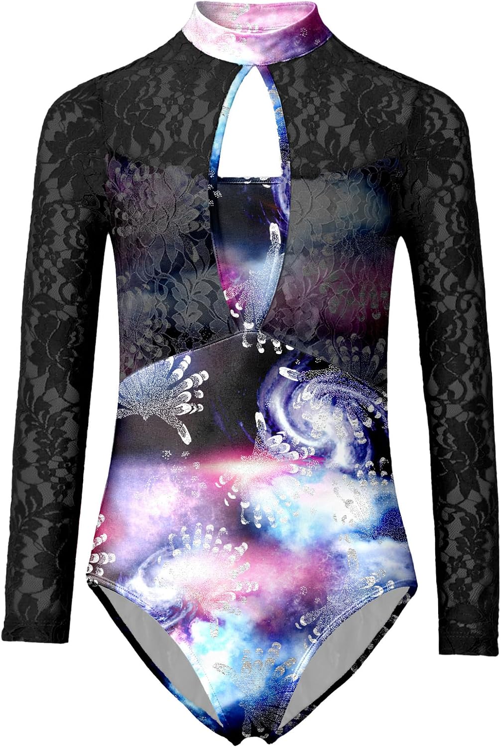Girls Patchwork Bodysuit for Event Flexibility Workout | Training,Technique,for Competition,Celebration,Stretchy,Mock Neck,Floral Lace,Split Front,Club,Event,Fitness,Show,Aerobics
