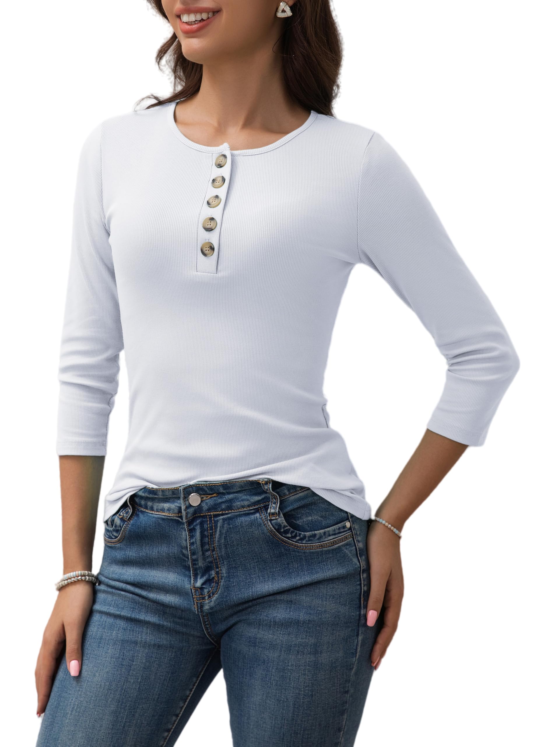Scgirl Womens 3/4 Sleeve Ribbed T-Shirts Button Henley Tops Slim Basic Shirts Knit Casual Tops