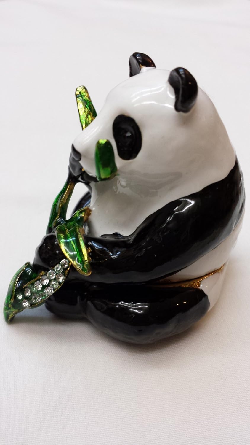 Gorgeous Panda with Bamboo Jewelled Trinket Box Jewelry Box with Inlaid Crystal, Pill Box Figurine image 2