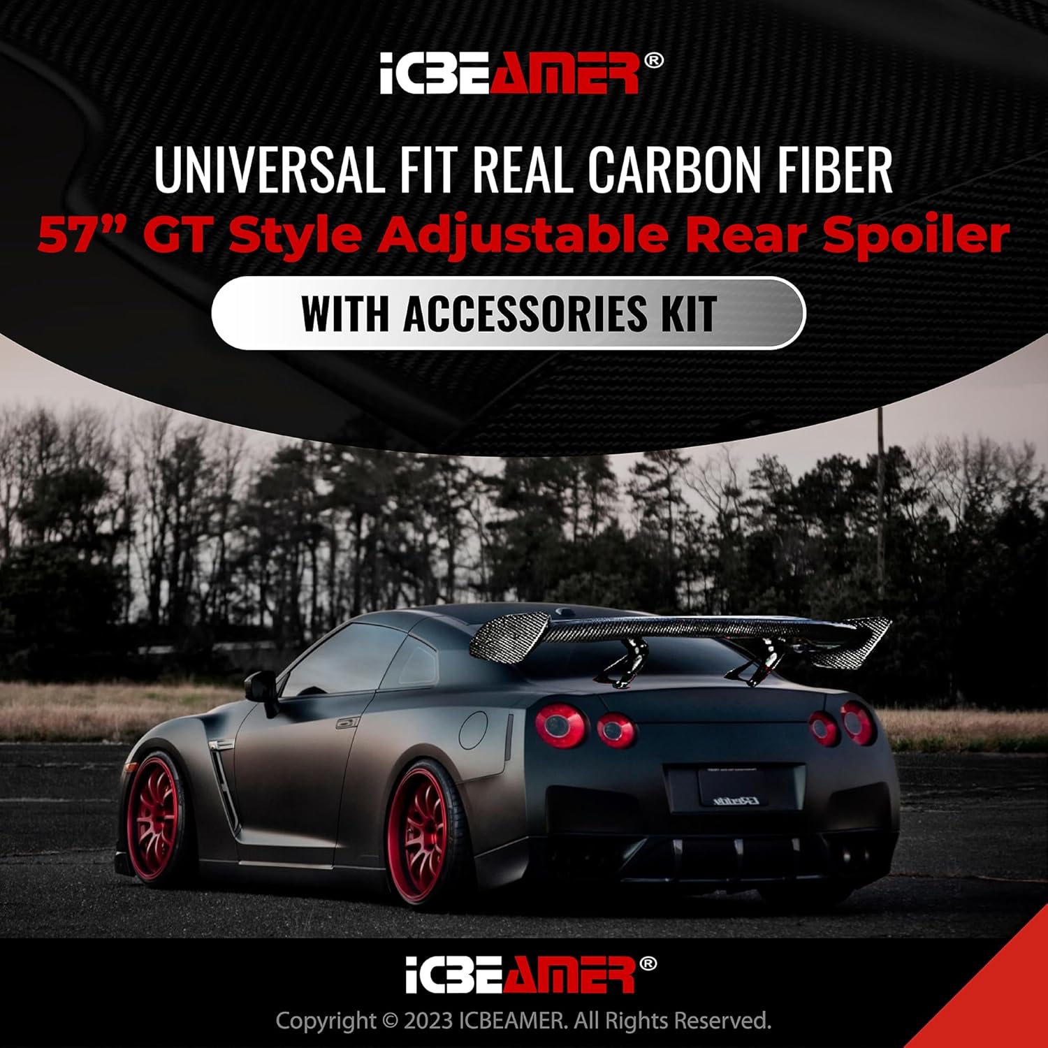 ICBEAMER GT Wing Universal Fit 3D Carbon Fiber Rear Trunk Deck Spoiler with Accessories Kit (57" Length / 7" Bracket Height)